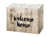 A wooden basket with the words " welcome home ".