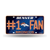 A license plate with the number 1 fan and broncos on it.