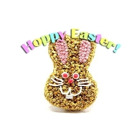 A bunny shaped rice krispie treat with the words " hoppy easter !" written on it.