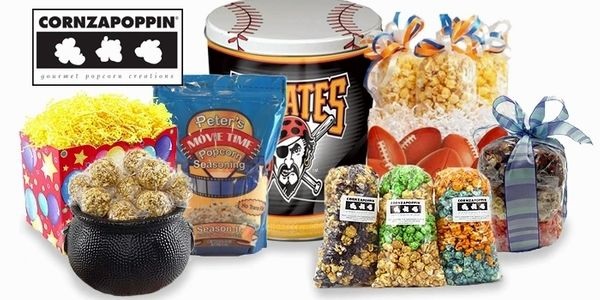 A variety of popcorn products are shown in front of the pirates logo.