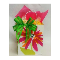 A gift bag with a green bow and pink flowers.