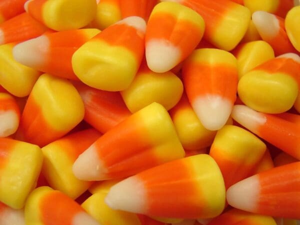 A pile of candy corn is shown.