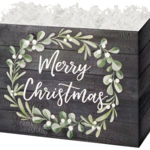 A wooden box with a wreath on it.
