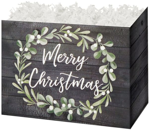 A wooden box with a wreath on it.