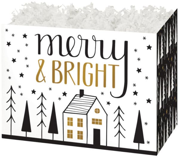 A white and black gift box with trees, houses and stars.